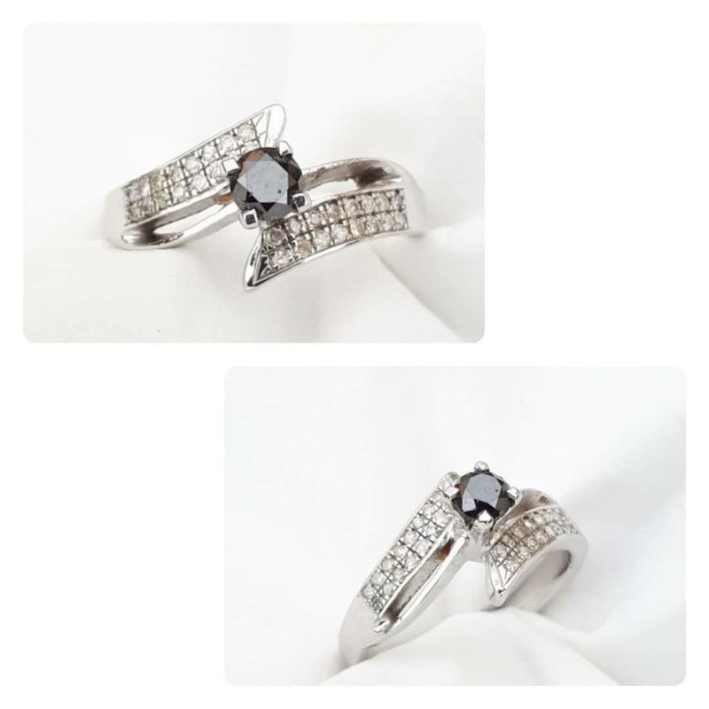 Cincin berlian asli wanita/Motif soliter sayap/Center berlian hitam -+ 0.50 carat/Side berlian eropa/Free memo lab
