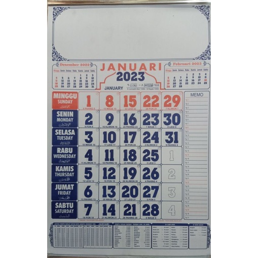 Kalender dinding 2023 ( polos ) dilengkapi kalender hijriah, dan weton jawa beserta jadwal waktu sho