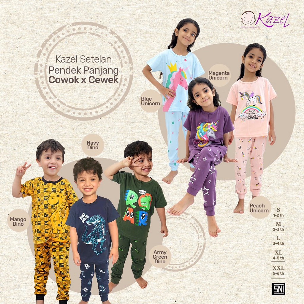 1 PCS KAZEL SETELAN PENDEK PANJANG DINO DAN UNICORN EDITION BAJU PENDEK CELANA PANJANG ANAK 1 - 6 TAHUN