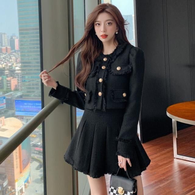 Suhao Musim Gugur dan Musim Dingin Baru Fashion Lengan Panjang Cardigan Jaket Pinggang Tinggi Slim Lipit Rok Asing Gaya Kecil high-End Setelan Wanita