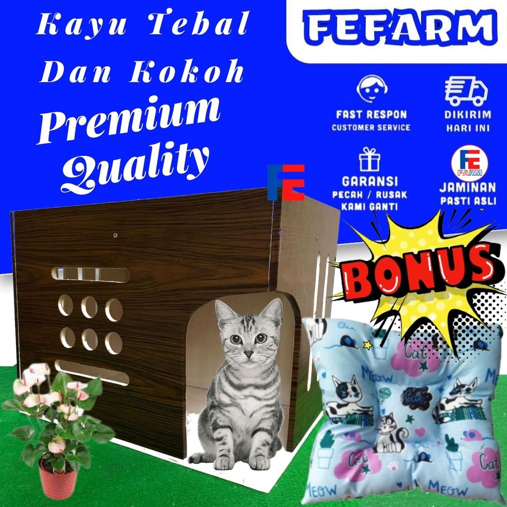 RUMAH MAINAN TEMPAT TIDUR KUCING KUCING KAYU UKURAN BESAR FREE BANTAL KASUR TIDUR KUCING FEFARM