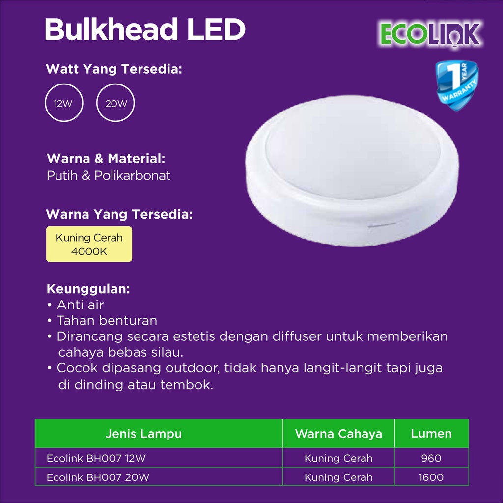 ECOLINK BH007 Lampu Tempel 12W LED Plafon 12Watt Bulb Bohlam Dinding 12 Watt - 4000K Kuning Cerah