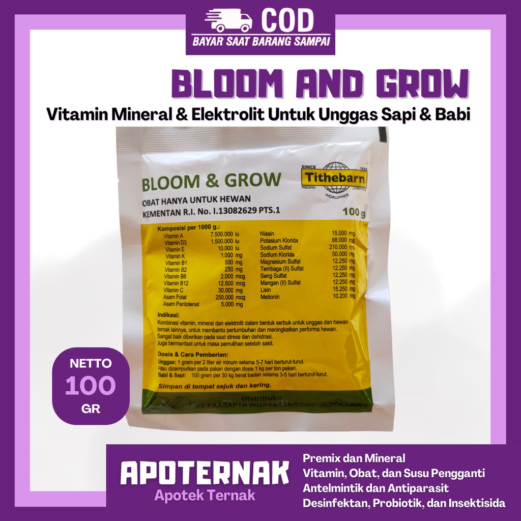 BLOOM and GROW | Multivitamin Dosis Tinggi Untuk Ternak Sapi Kambing Domba Ayam | 100 gr | Tithebarn