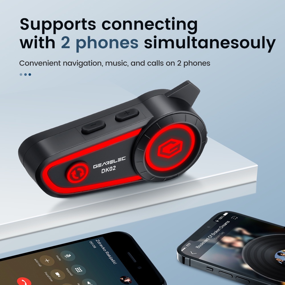 Gearelec intercom DK02 Helm Sepeda Motor Bluetooth Headset Hands Free Call Kit IPX7 Tahan Air 2800 MAh BT5.2 Nirkabel Stereo Headset dengan