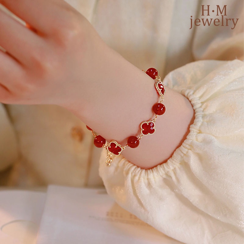 Gelang Tangan Batu Agate Merah Keberuntungan Clover Retro Adjustable Untuk Wanita 2022