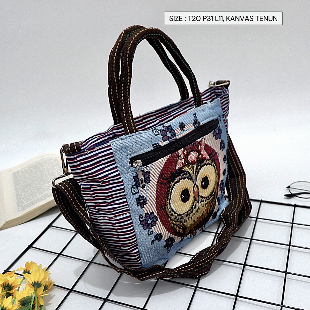 Tas Selempang kekinian Model Kinar kanvas tenun burung hantu owl murah tebal semarang tali panjang kaku oval