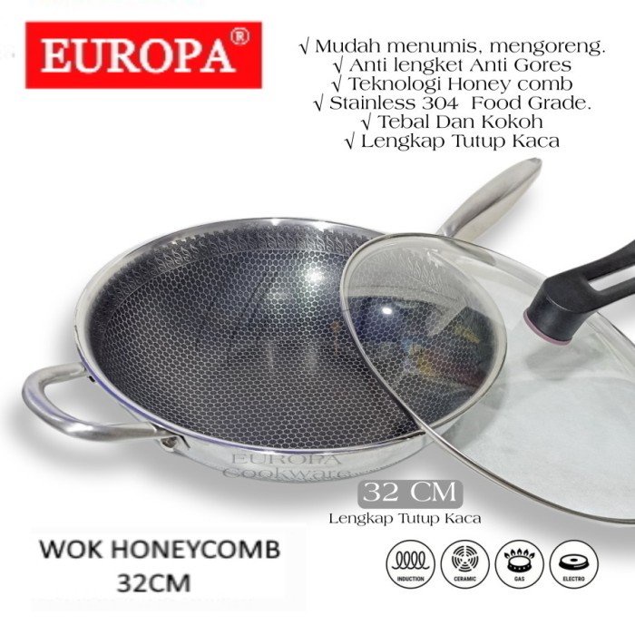 EUROPA WOK HONEYCOMB NON STICK 32 CM STAINLESS STEEL PANCI WOK