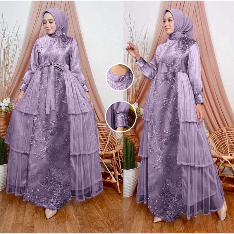 GAMIS CARITA / GAMIS BRUKAT TILE BORDIR MIX SATEN / GAMIS MUSLIM / GAMIS PESTA / GAMIS WANITA JUMBO 
