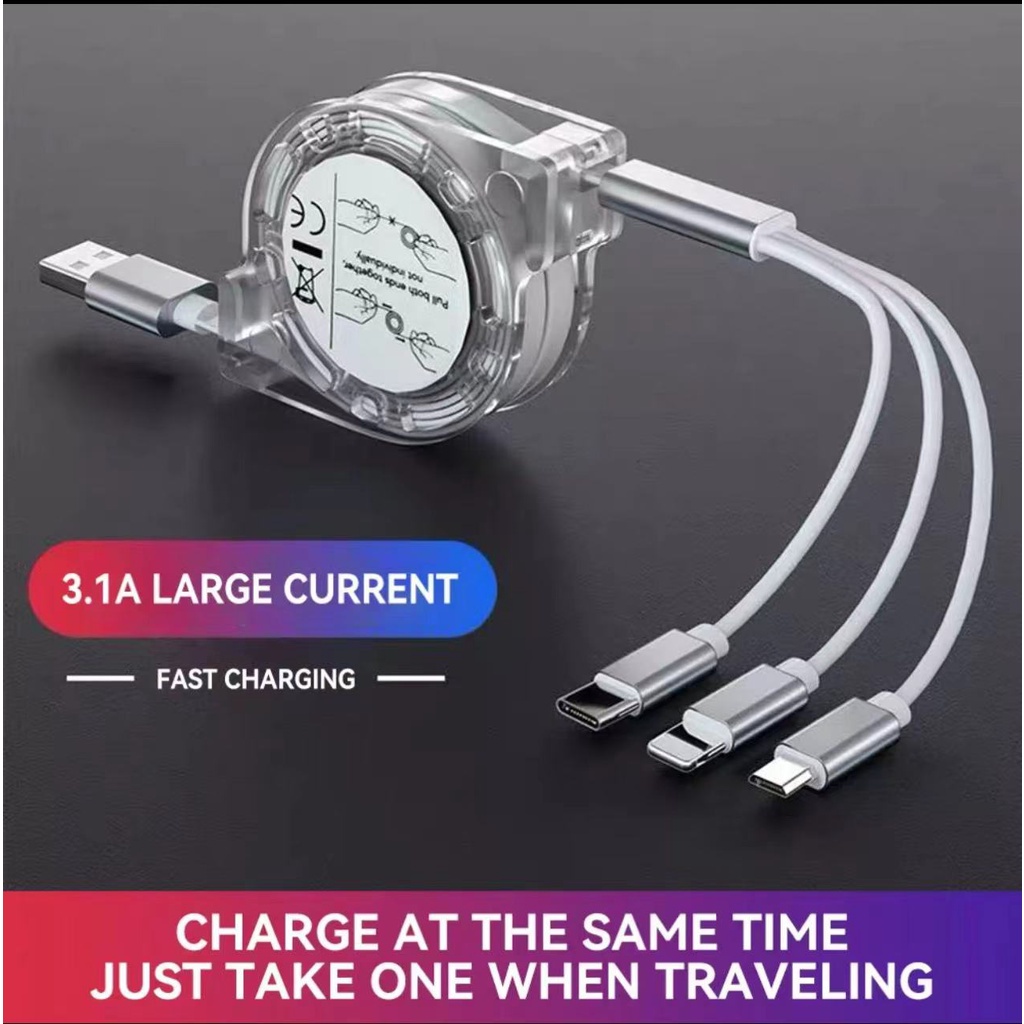 Kabel Charger 3in1 Retractable Micro USB + Lightning + USB Type C Kabel Charger Fast Charger Bisa Untuk Semua Hp