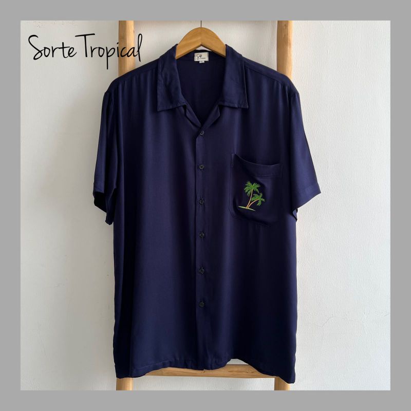 Kemeja Hawaiian Pantai Pria Wanita Casual Plain Polos Navy - Bordir Coconut Tree Exclusive Edition