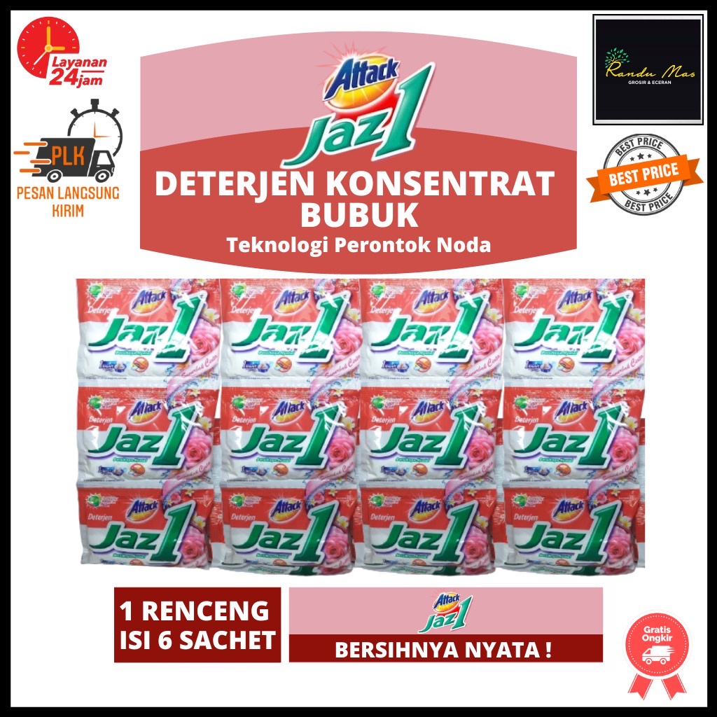 Attack Plus Jaz1 Deterjen Bubuk 45gr Powerful Cleaning Atack Jaz 1 Detergent Powder 1 Renceng Isi 6 Sachet Semua Mesin Cuci Original