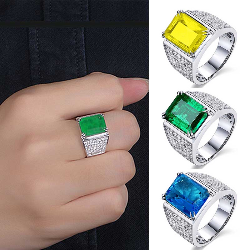 Sapphire Cincin Batu Permata Sapphire Emerald Topaz Bahan Titanium Steel Warna Silver Gaya Punk Untuk Pria