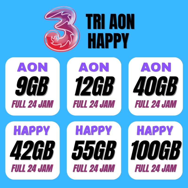 Paket Kuota Data Internet Tri 3 AON Happy Unlimited Murah