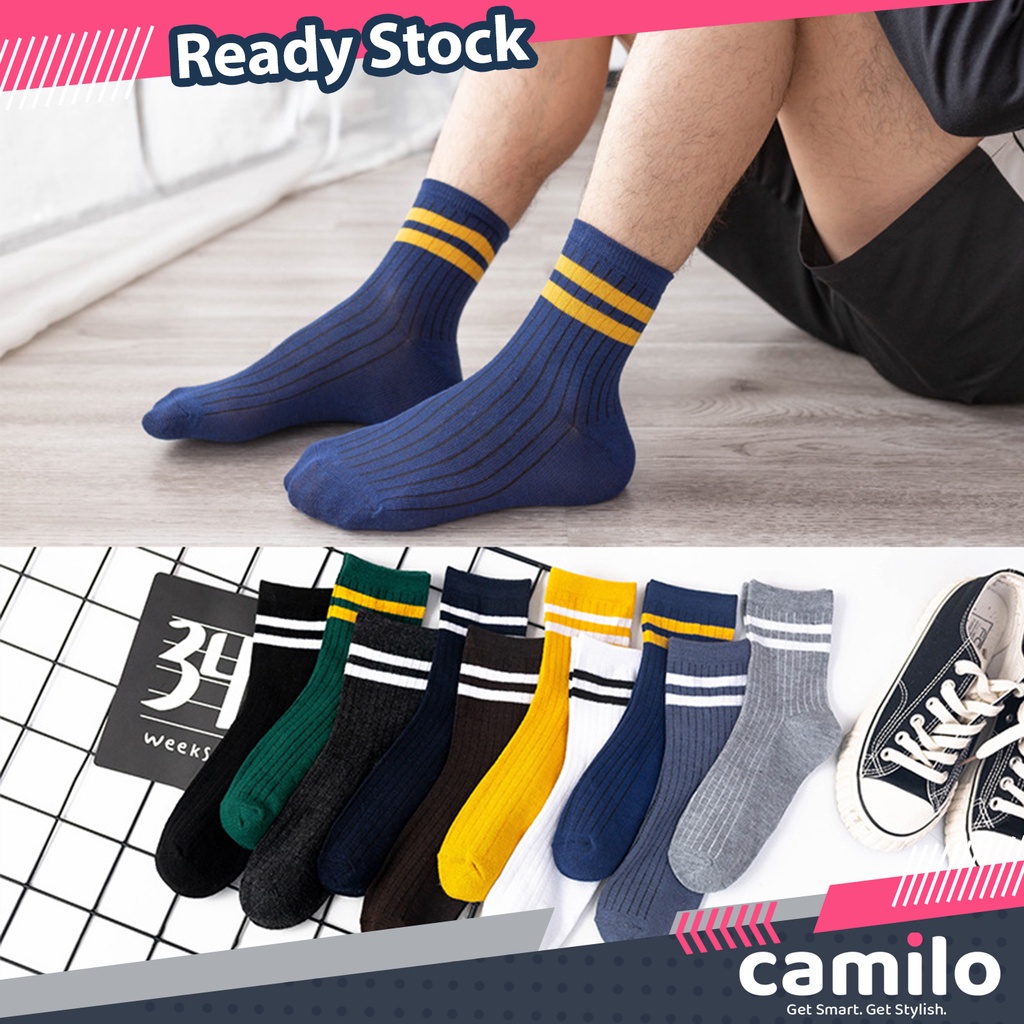 ☀CAMILO☀ KK08 Kaos Kaki Panjang Motif Polos Garis Sock Kaoskaki Wanita Unisex Pria Import Murah