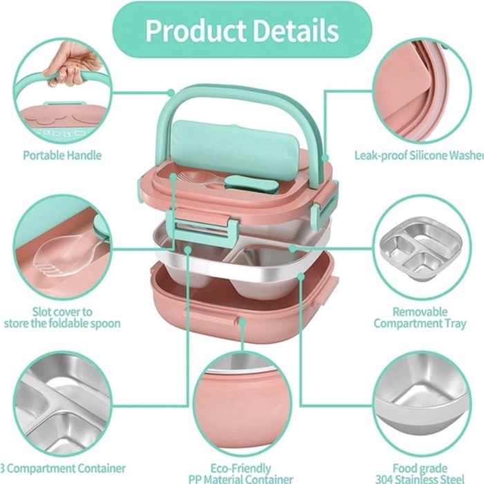 Kotak Bekal TEDEMEI Kid Lunchbox Premium Bekal Anak Stainless 3 Sekat