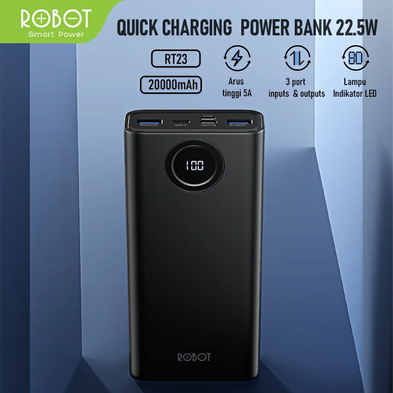 Powerbank Robot RT23 20000mAh LED PD QC3.0 3 Output USB-A &amp; USB-C Original