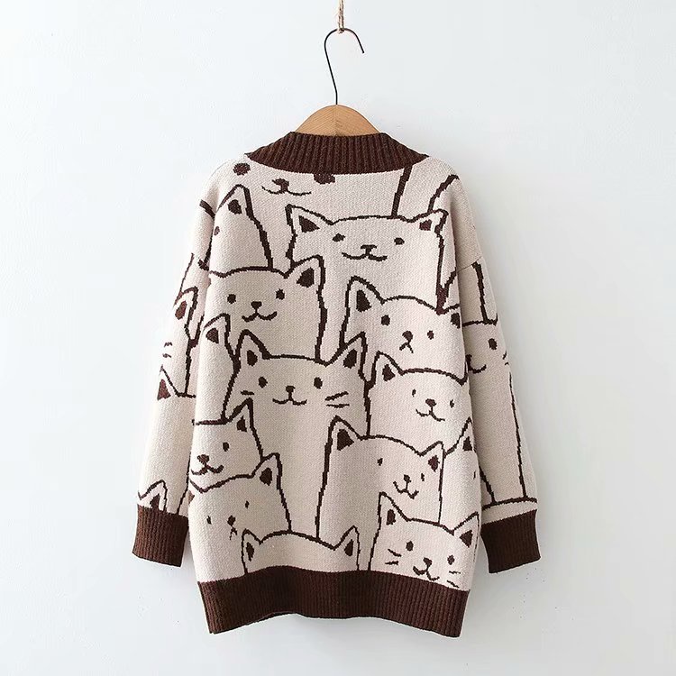 Harajuku Cardigan Cartoon Cat Rajut Knit Outer Premium Tebal