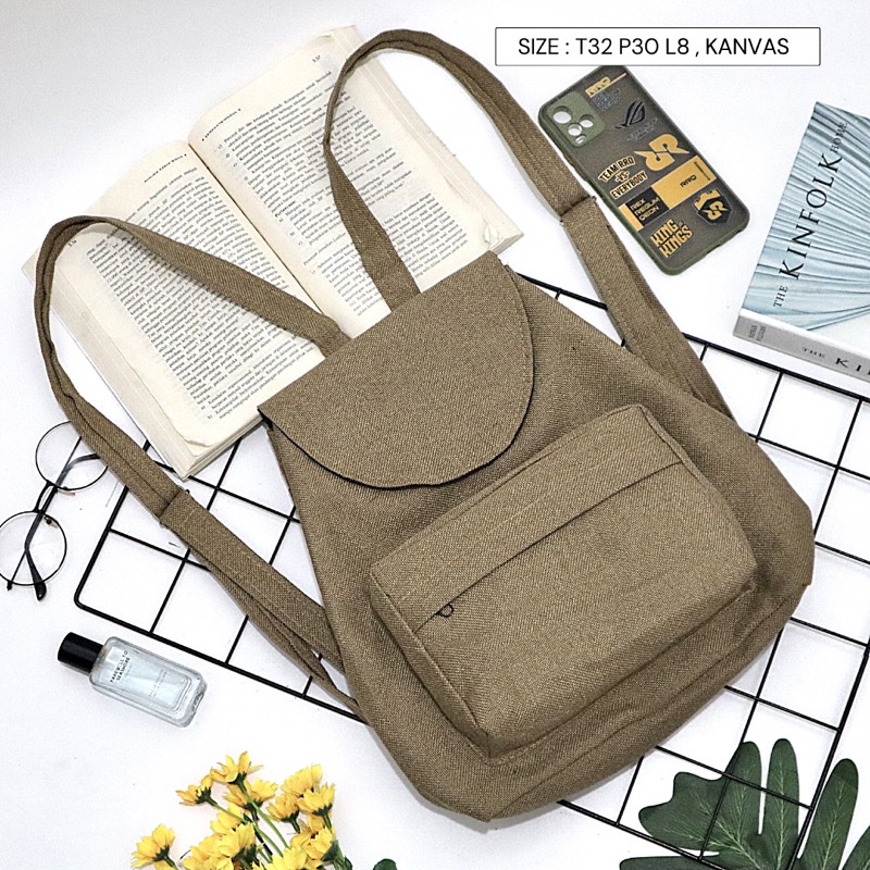 Bayar di Tempat COD Tas Ransel Serut Bahan Kanvas KANTONG Depan Ukuran Medium tas punggung wanita-Warna 715
