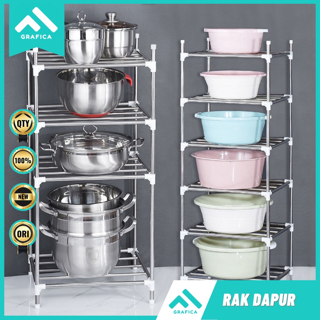 RAK DAPUR 5 SUSUN BESI STAINLESS STEEL TEMPAT PENYIMPANAN PIRING MICROWAVE PANCI WAJAN LEMARI MAKAN 