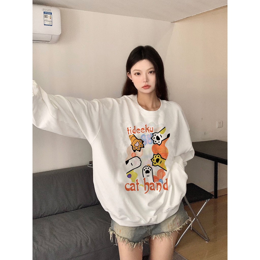 EUNII Sweater Lengan Panjang Cute Cat Paw Korean Style/Hoodie Oversize/Baju Wanita/Switer Wanita