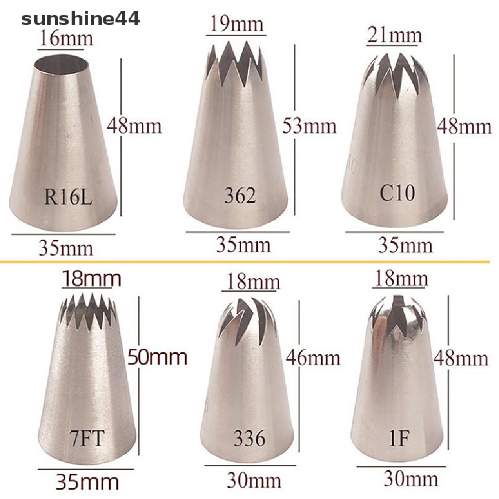 Sunshine 6Pcs Ujung Mulut Pipa Icing Bahan Stainless Steel Ukuran Besar