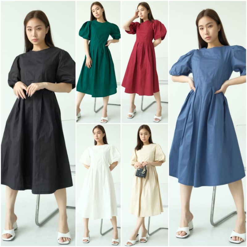 ❣️ SPECIAL PRICE ♡ PREMIUM ♡ ORIGINAL ! VALERRINE VINTAGE PLAIN PUFF PLUFFY BALOON SLEEVE MIDI  DRESS