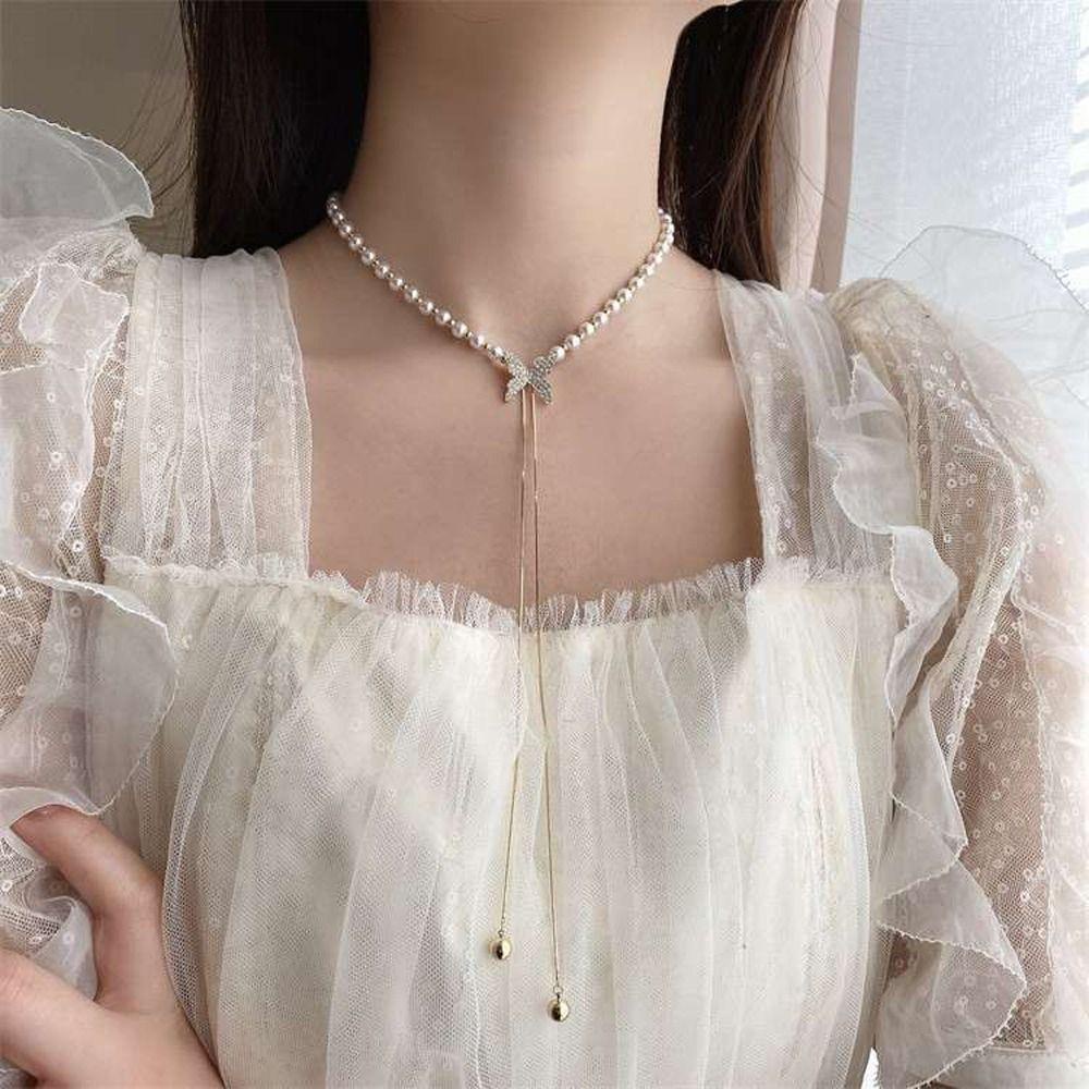 Mxbeauty Wanita Kalung Elegan Indah Halus Mutiara Gadis Hadiah Kupu-Kupu Niche Desain Adjustable Perempuan Klavikula Rantai