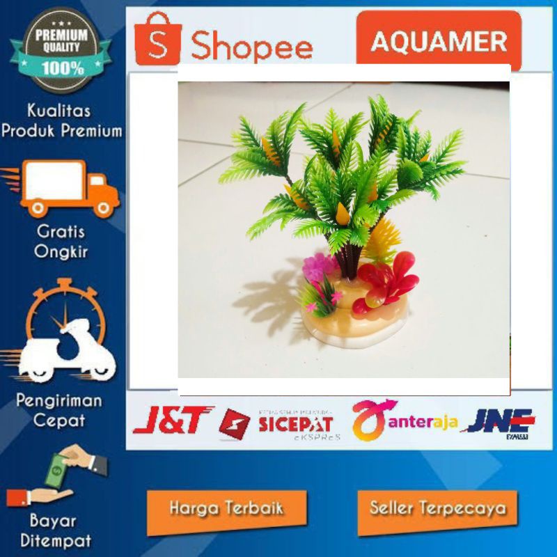 TANAMAN HIAS AQUARIUM PLASTIK DAUN KELAPA NYIUR RIMBUN INDAH AKUARIUM TINGGI 13 CM
