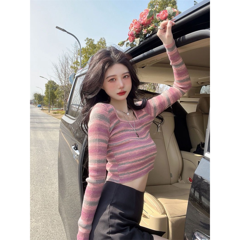 Hot girl gaya BM bergaris rajutan sweater wanita musim semi dan musim gugur ukuran besar gemuk mm slim fit bottoming kemeja dengan top in pasang