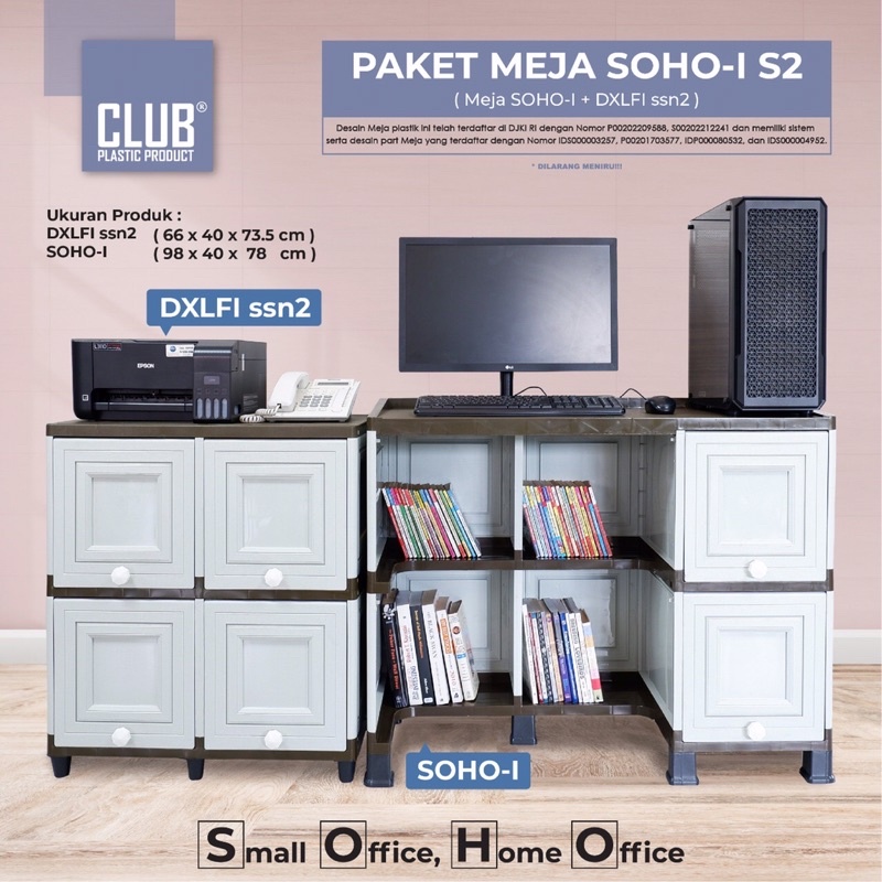 CLUB PAKET MEJA KANTOR + LEMARI CABINET SOHO-1 S2/ MEJA BELAJAR + LEMARI CABINET PLASTIK CLUB SOHO-1
