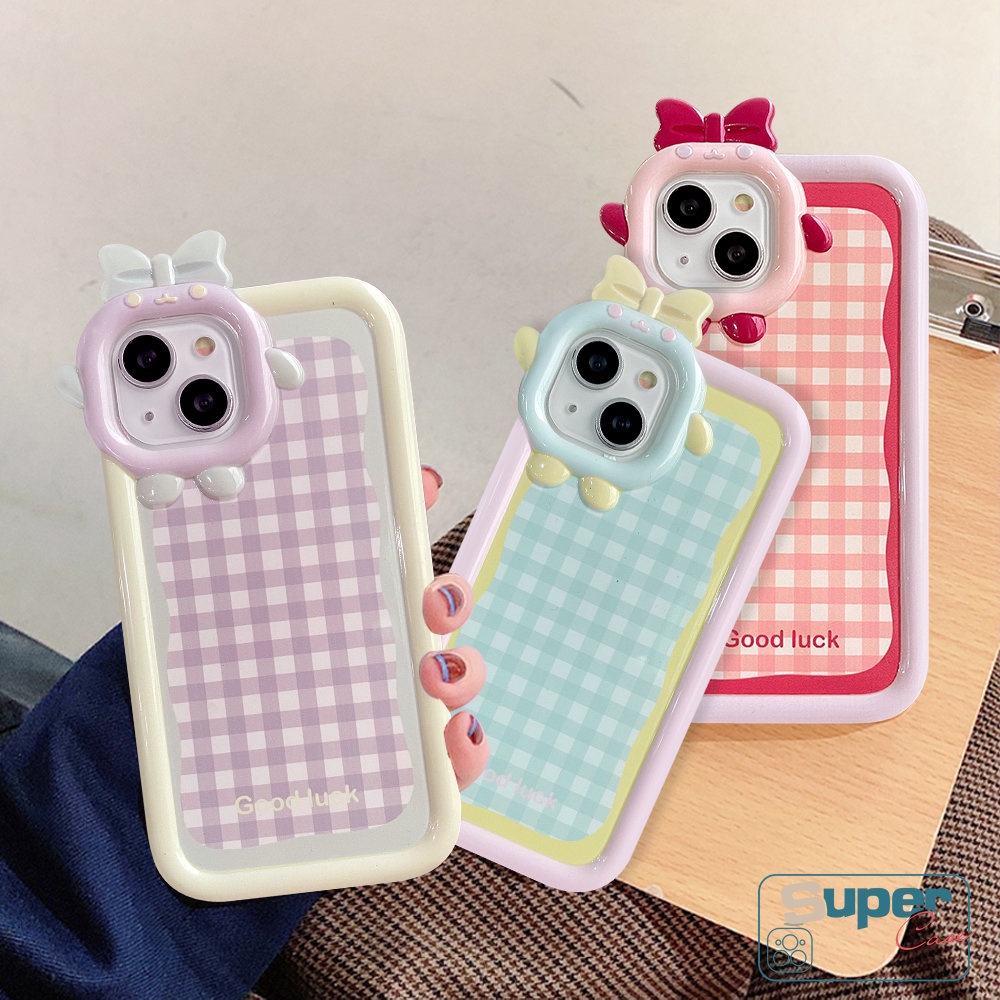 Phone Case Compatible For iPhone 11 XR 7plus 7 8 6 6S 14 Plus 14 13 12 Pro Max X XS MAX SE Cute Ins Colorful Lattice Cartoon 3D Bow-knot Little Monster Lens Soft Back Cover