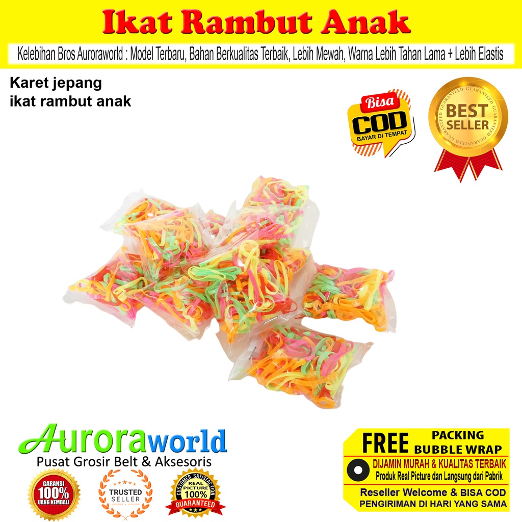 AURORAWORLD Karet ikat rambut karet jepang karet kepang karet kuncir warna warni  ikat rambut elastis kualitas terbaik, bahan tebal isi 100++