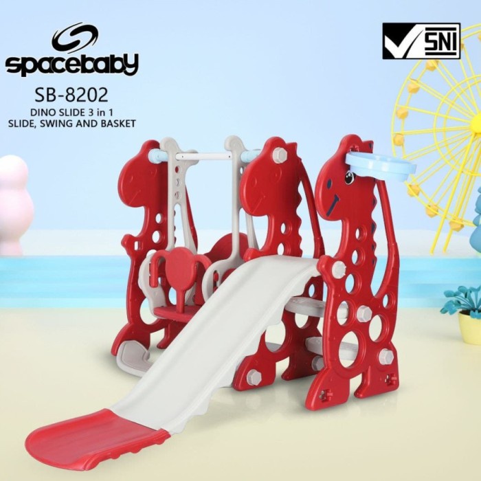 Outdoor Mainan Anak Perosotan Dan Ayunan Spacebaby Sb8202 Dino Slide 3In1