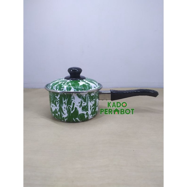 panci enamel gagang - panci mie enamel tutup - panci enamel lurik 16cm