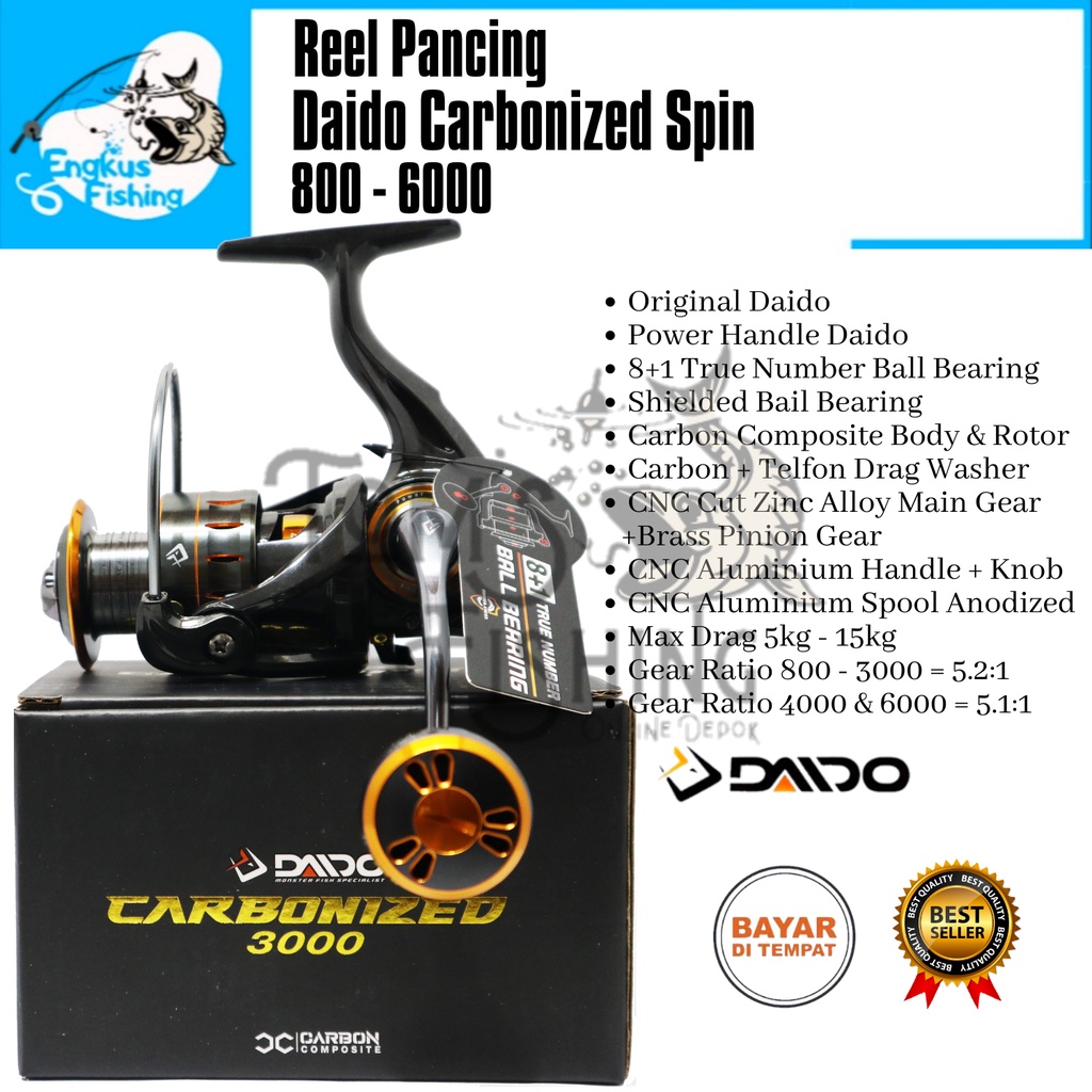 Reel Pancing Daido Carbonized 800 - 6000 (8+1 Bearing) Power Handle Full Seal Bearing -  Engkus Fishing