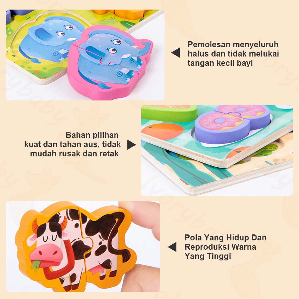 Ivorybaby Puzzle kayu 3d Wooden toys mainan edukasi anak jigsaw puzzle 2IN1