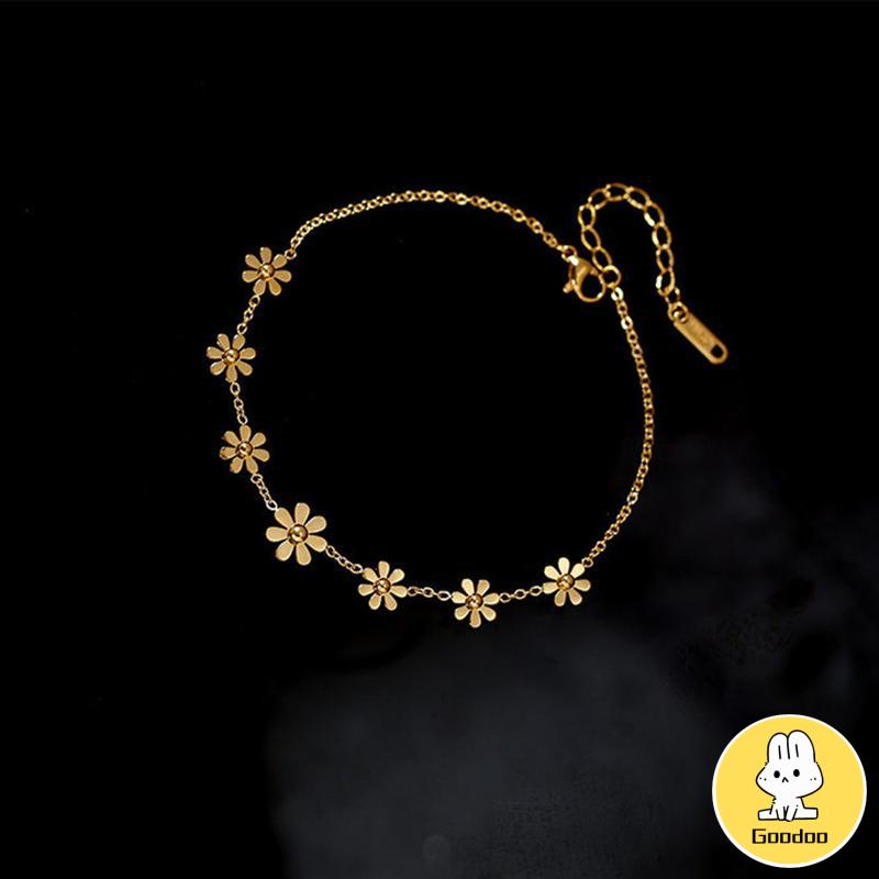 Gelang Kaki Titanium Anti Karat Daisy Bunga Kamelia Emas 18k Perhiasan Wanita Korea -Doo