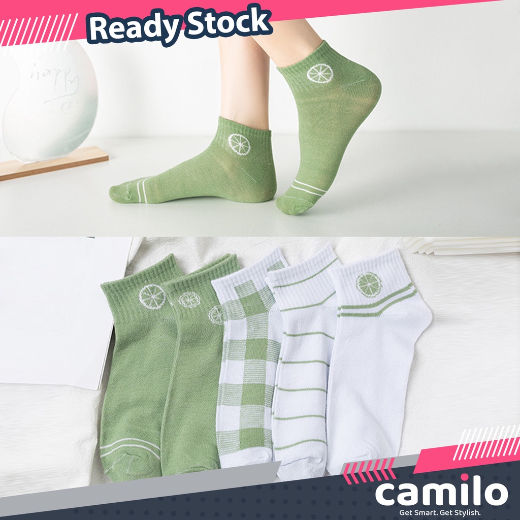 ☀CAMILO☀ KK15 Kaos Kaki Wanita Motif Lemon Hijau Lumut Kotak Fashion Korea Women Sock Import