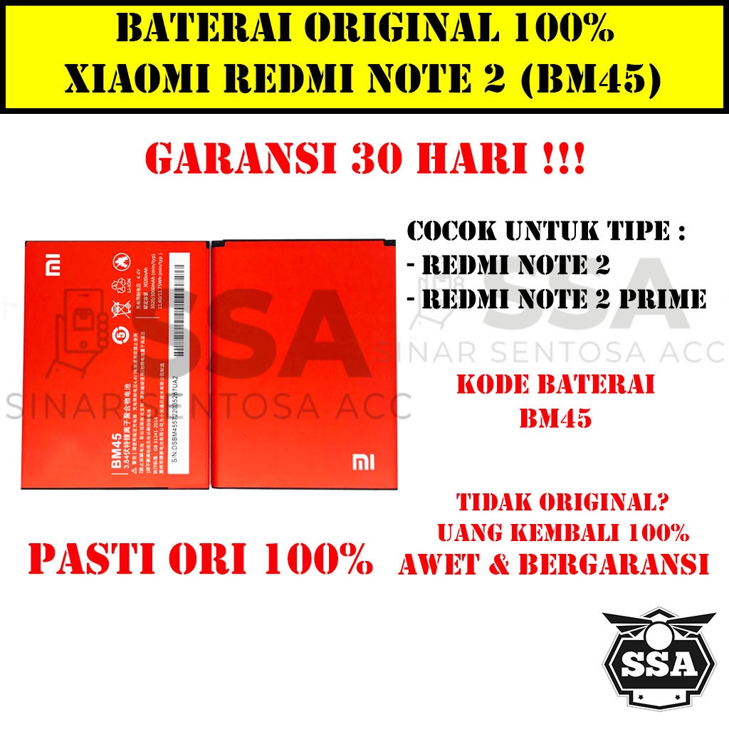 Baterai Original 100% Xiaomi Redmi Note 2 / Redmi Note 2 Prime BM45 BM 45 ORI Battery Batu Batre Batrai Garansi