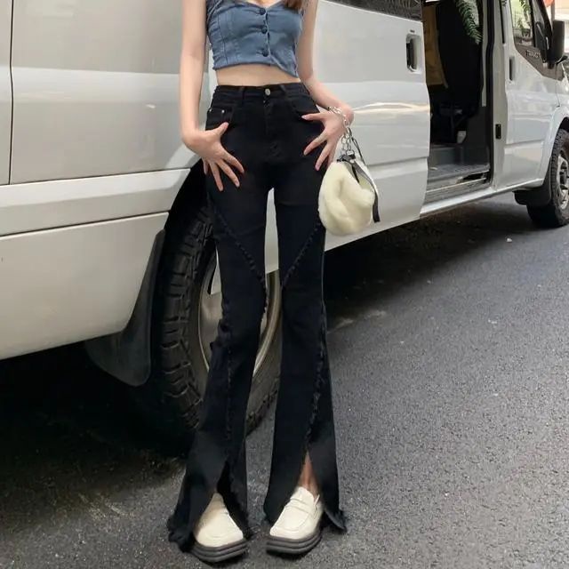 Suhao micro-flare versi Korea slim high-waisted wanita stretch micro-flare jeans celana panjang wanita all-match pelangsing kaki celana panjang trendi