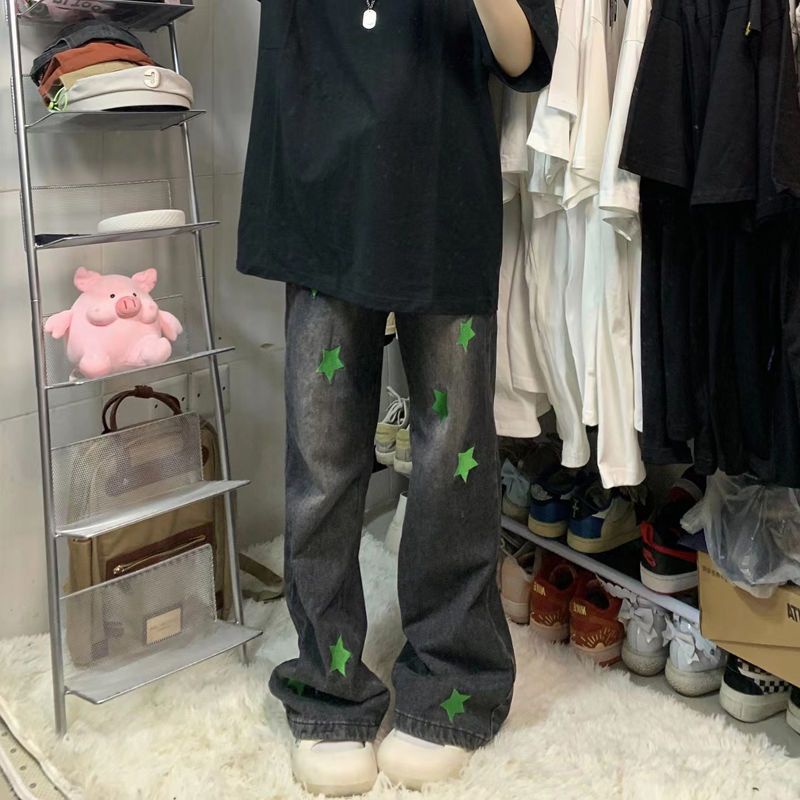 jeans bordir wanita 2022 baru street fashion celana lurus abu-abu asap celana