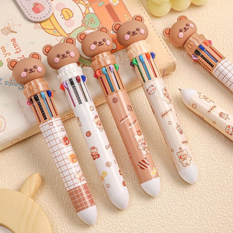1pc Pulpen 10 Warna Bahan Silikon Bentuk Kartun Beruang Untuk Sekolah / Kantor