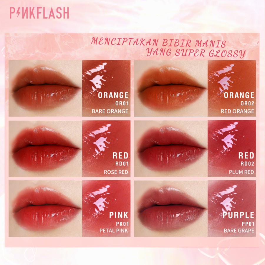 PINKFLASH Watery Glam Lip Gloss Lipstick Super Glossy Shiny Moisturizing Non Sticky Long Lasting Meremajakan Bibir - PP01