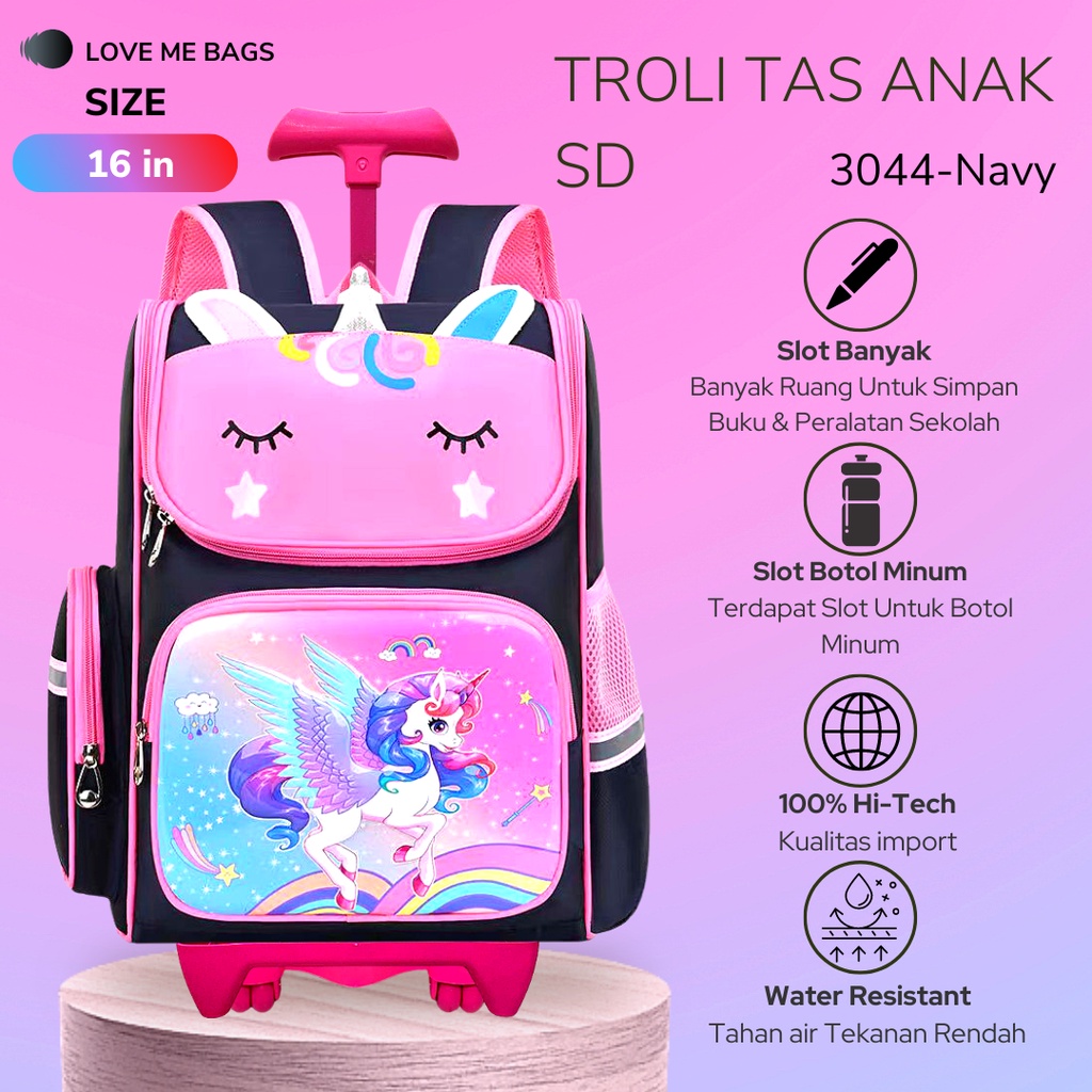 LMB Tas Troli Anak Sekolah Perempuan SD Import Unicorn Karakter Lucu Bagian Depan Timbul 6D Bahan Nilon Premium Kuat dan Tebal