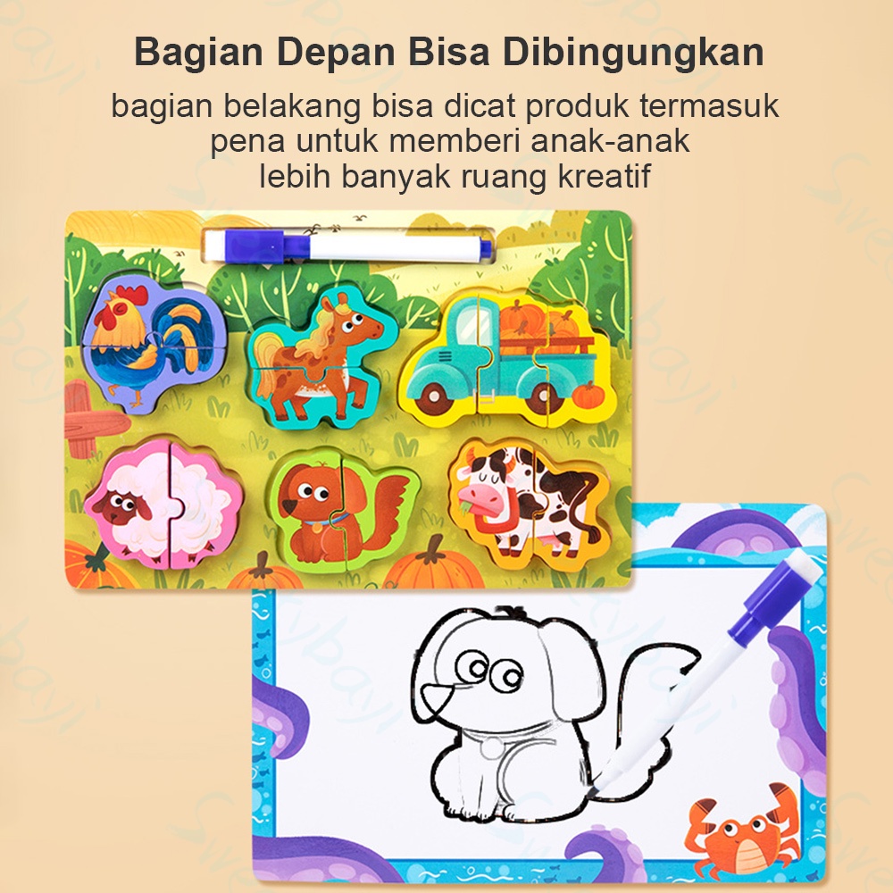 Sweetybayi 2in1 Puzzle kayu mainan edukasi Kartun Jigsaw Puzzle 3d wooden toys