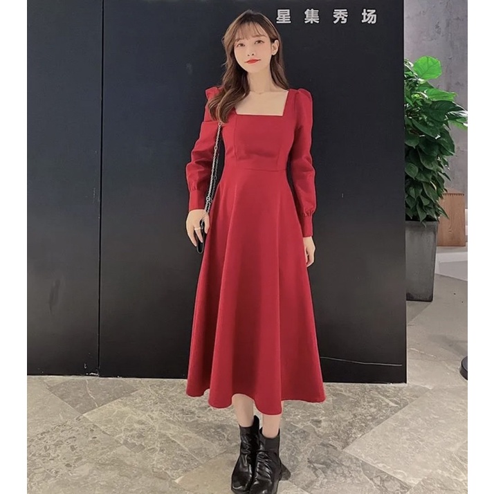 BELLENA DRESS - Dress pesta midi A line square neck long puff sleeves gaun party big size jumbo ukur
