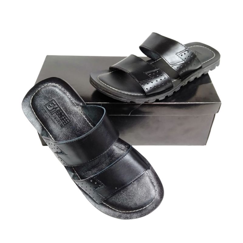 Sandal Slop Cowok Kulit asli Sendal Slide Pria Sol Karet Tidak Licin