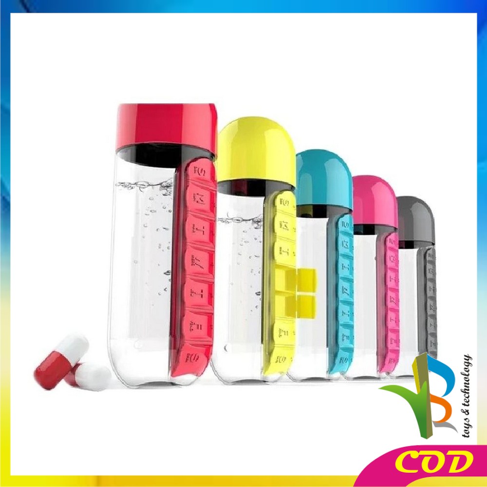 RB-C313 Botol Minum 2 IN 1 Botol Air Minum 600ML + Kotak Obat Harian / Botol Minum Obat / Bottle Water Tumbler Outdoor