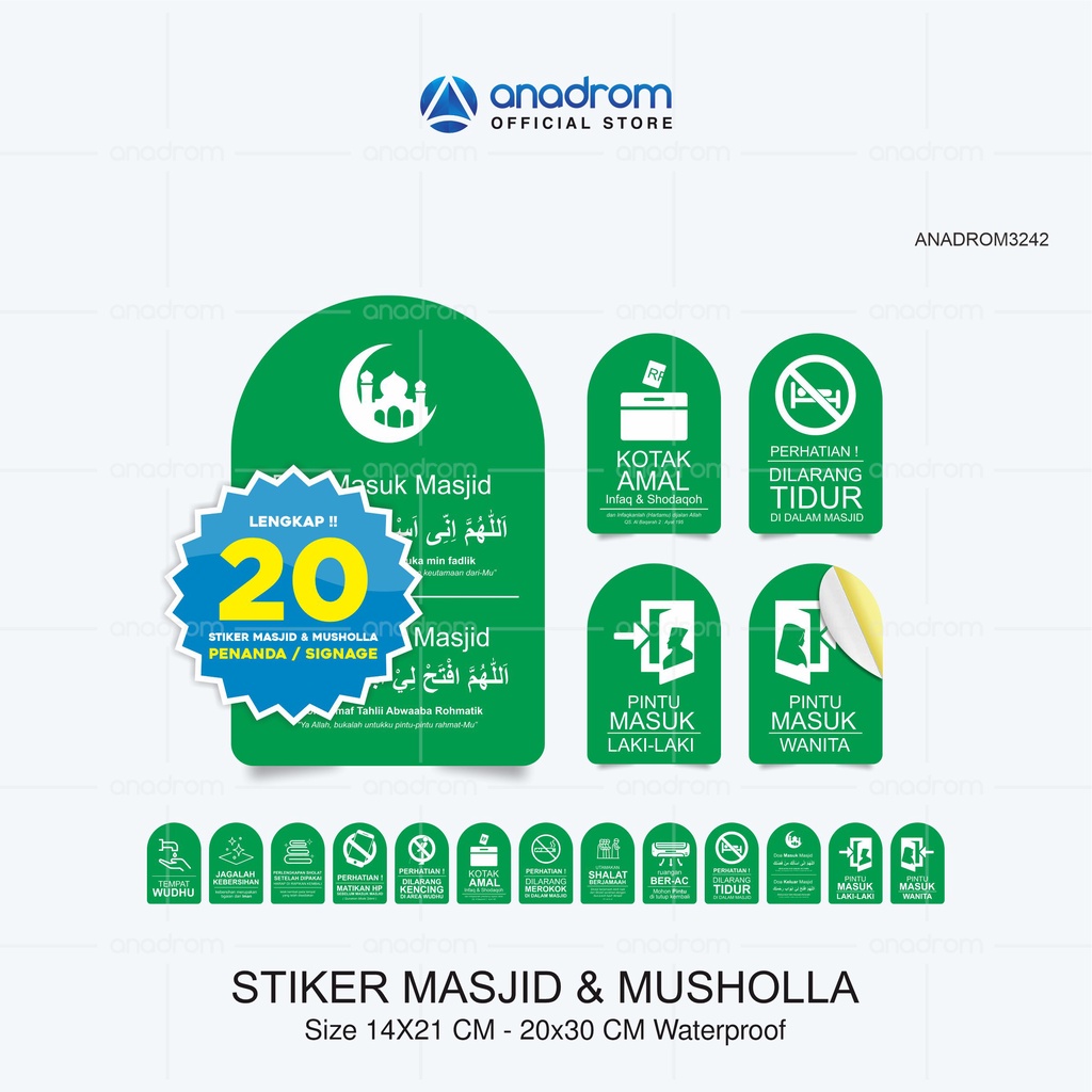 

Stiker Penanda untuk Masjid & Musholla Islamic Green I Size 14 x 21 - 20 x 30 Cm I Anadrom 3242