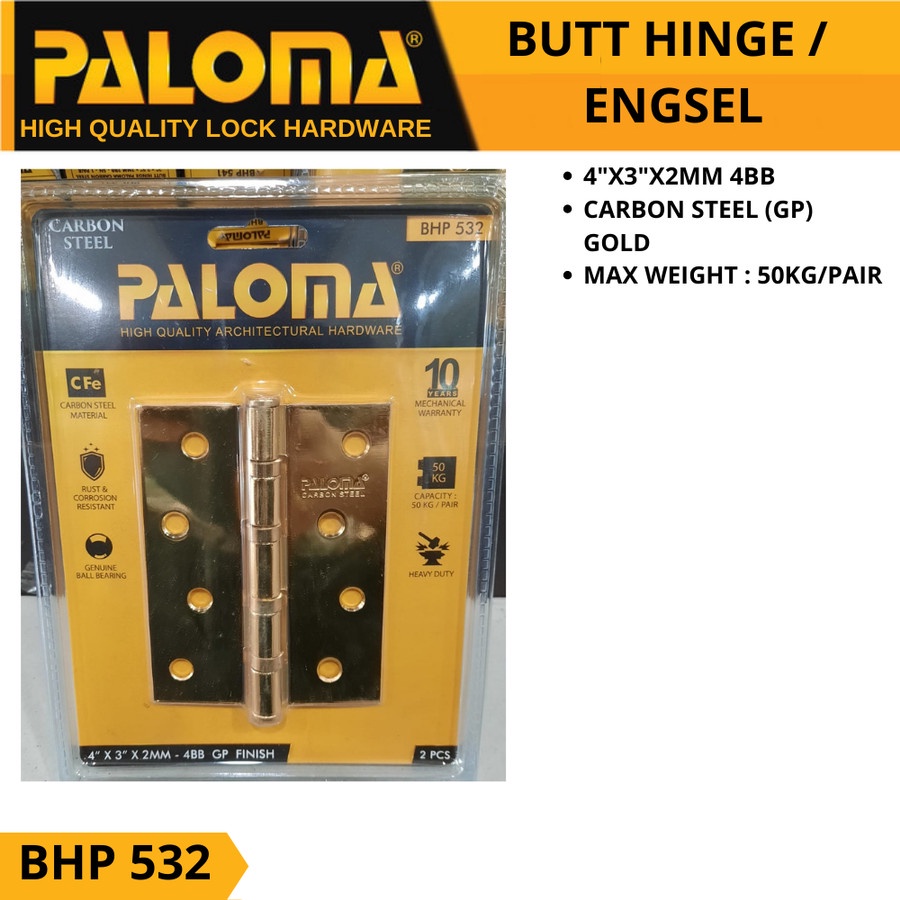 Engsel BHP 532 Paloma 4inchx3inchx2mm GP carbon steel Engsel Kuning Gold Engsel Pintu